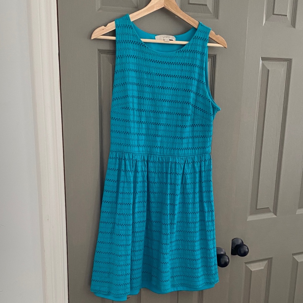 Turquoise LOFT stretchy knee length eyelet dress, size small